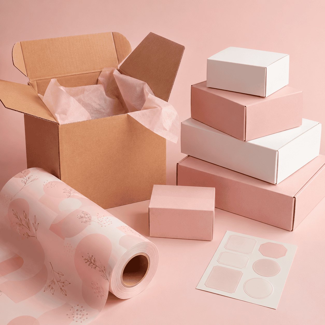 Custom pink and white packaging boxes with printed film and labels