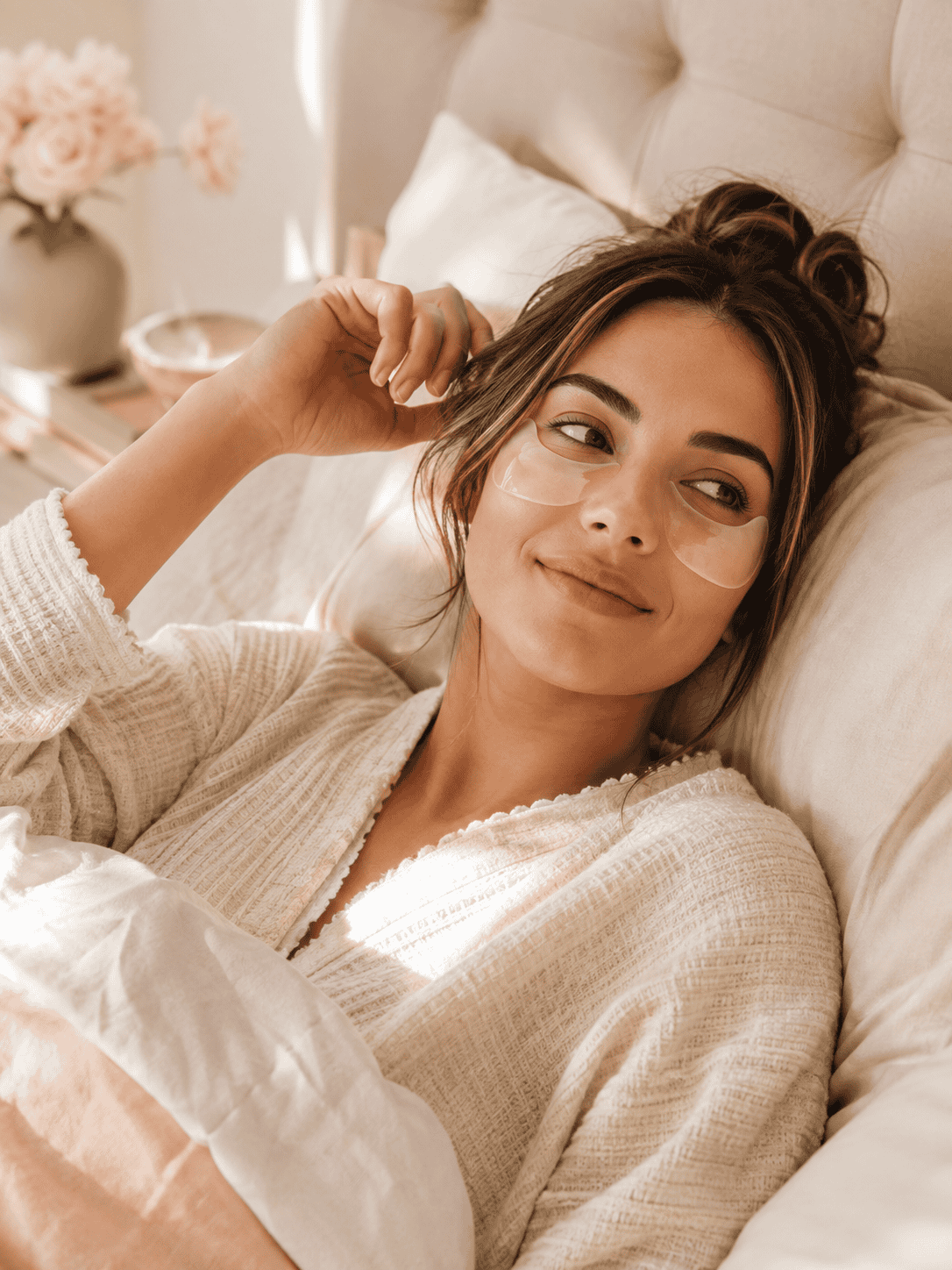 Woman lying in bed wearing under-eye patches in the morning