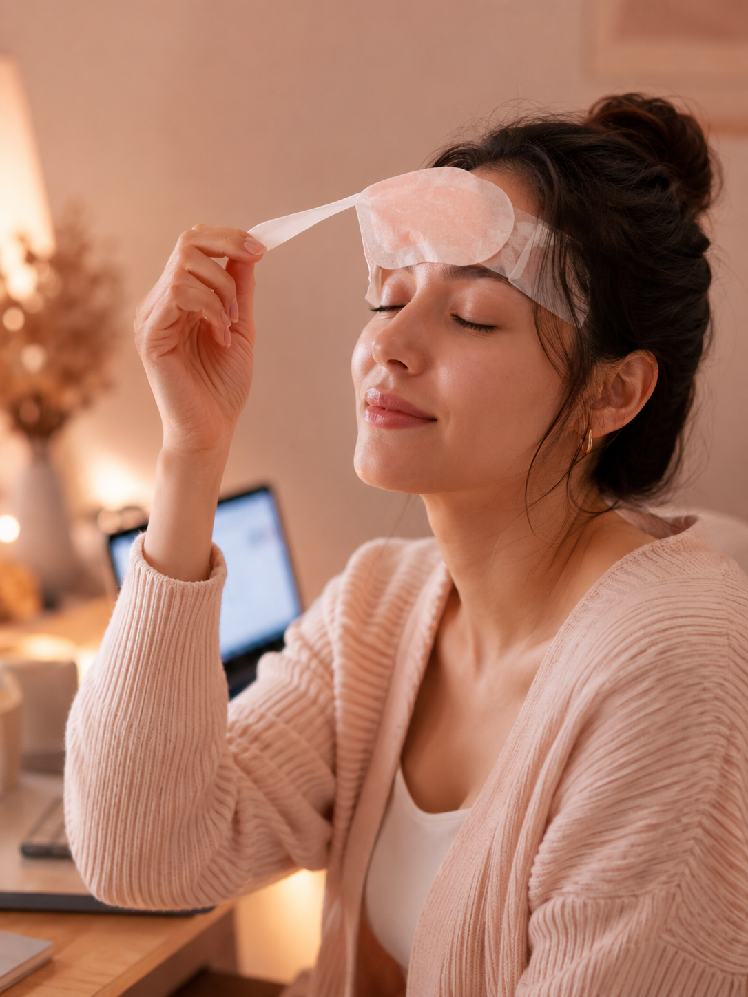 Woman removing a steam eye mask at her desk after a long screen session