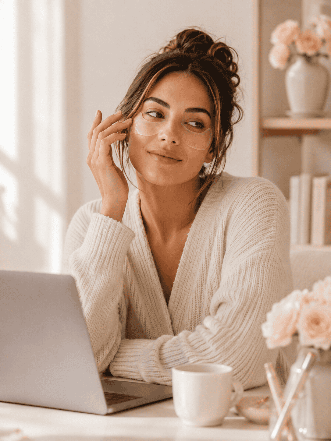 Woman at her desk wearing under-eye patches