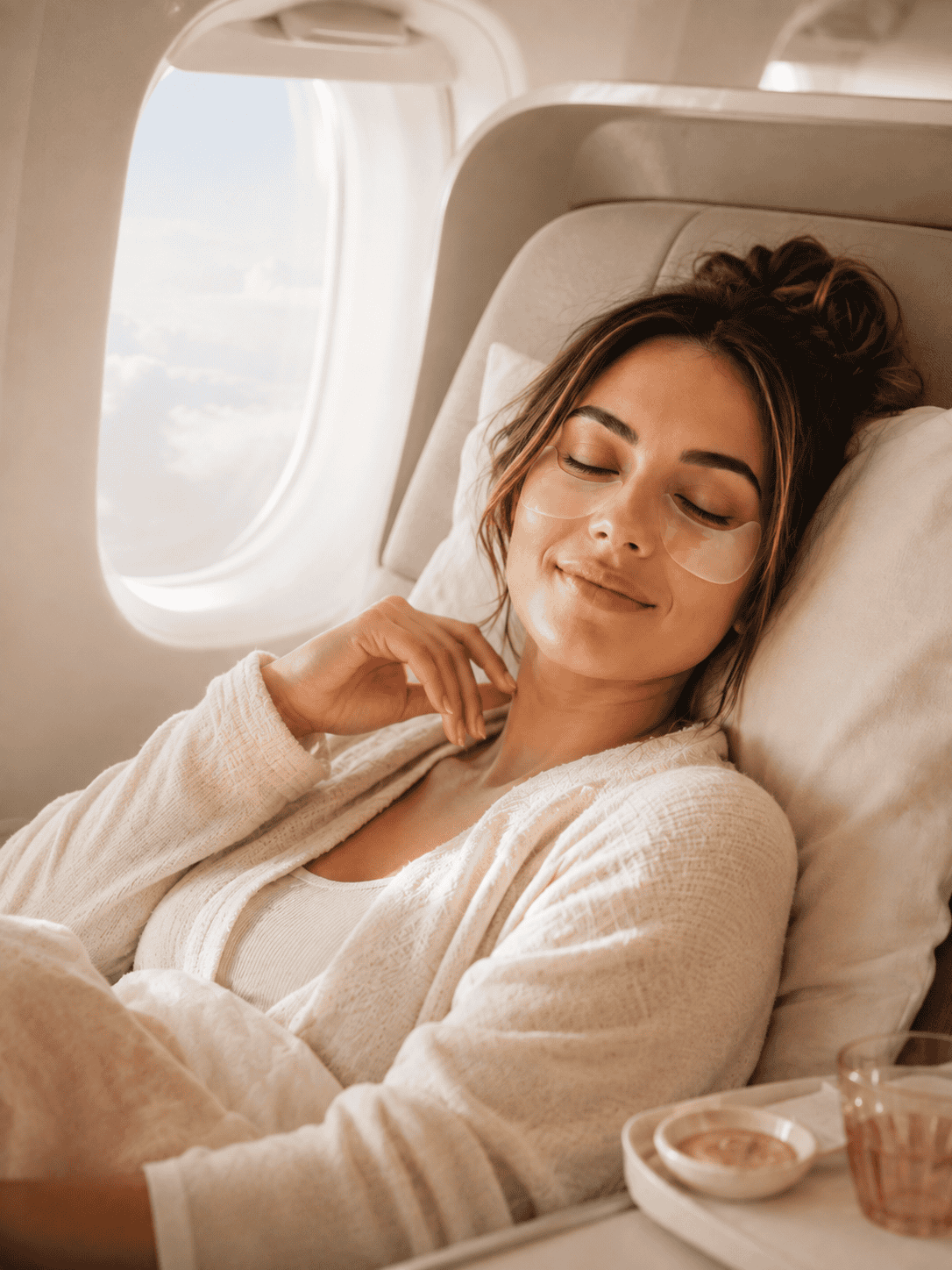 Woman resting on an airplane wearing under-eye patches