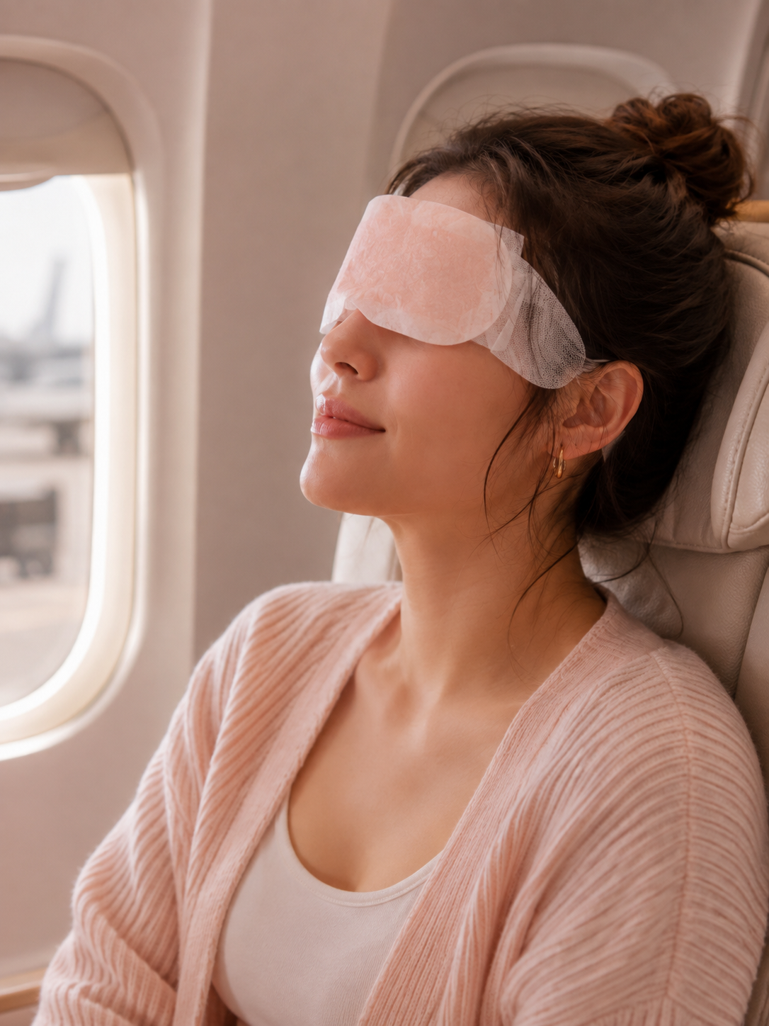 Woman wearing a steam eye mask on an airplane