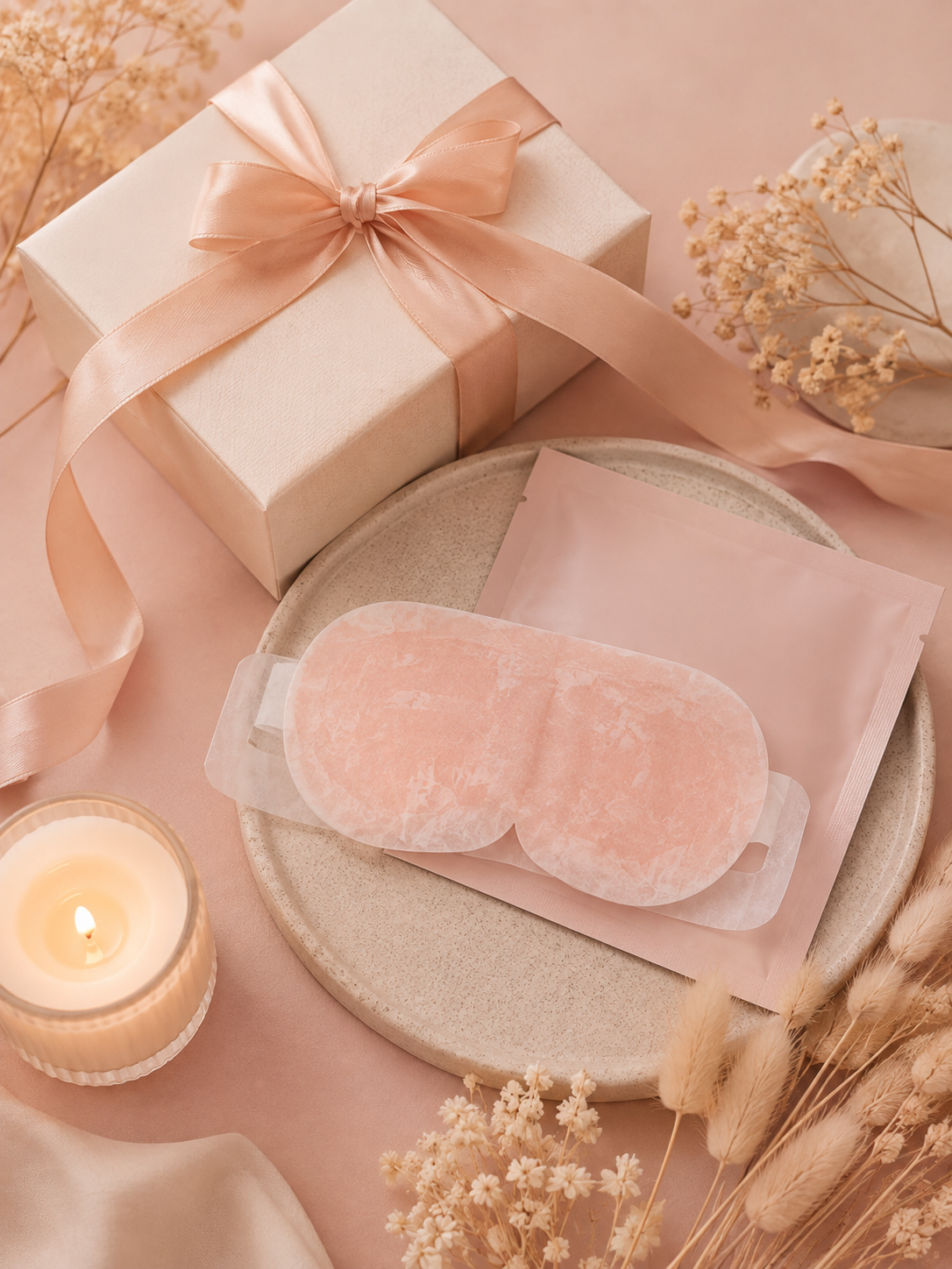 Steam eye mask sachet beside a wrapped gift box