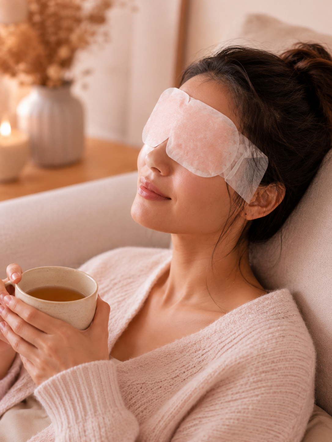Woman relaxing with tea wearing a steam eye mask