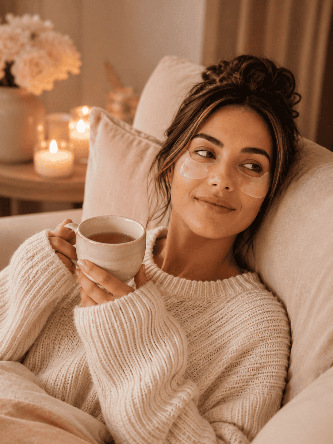Woman holding tea wearing under-eye patches by candlelight