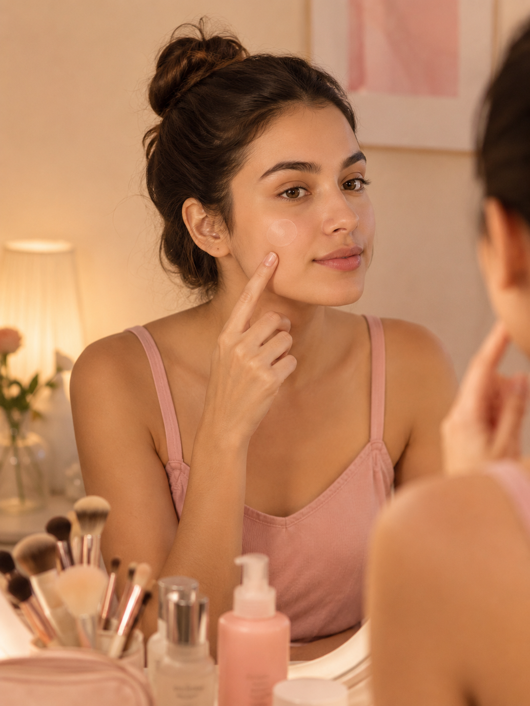 Woman applying a pimple patch at her vanity before makeup