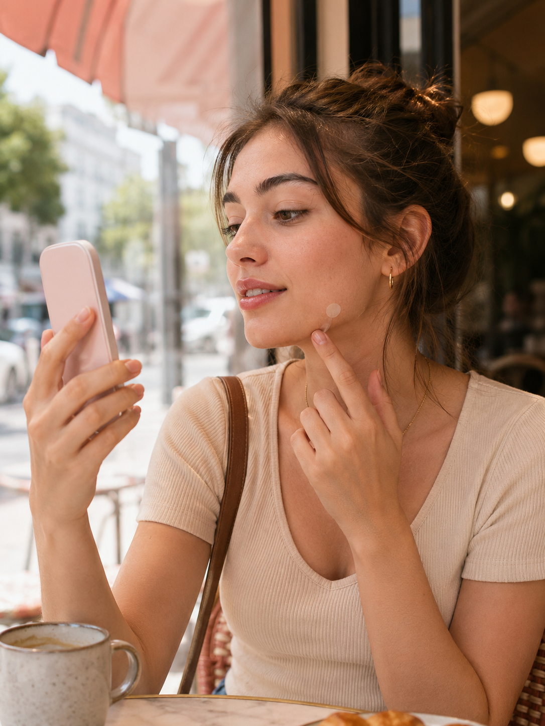 Woman applying a pimple patch at a café using her phone as a mirror