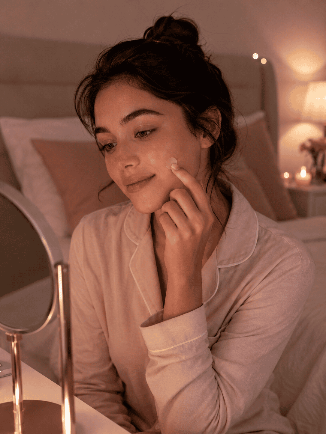 Woman applying a pimple patch at night by her mirror