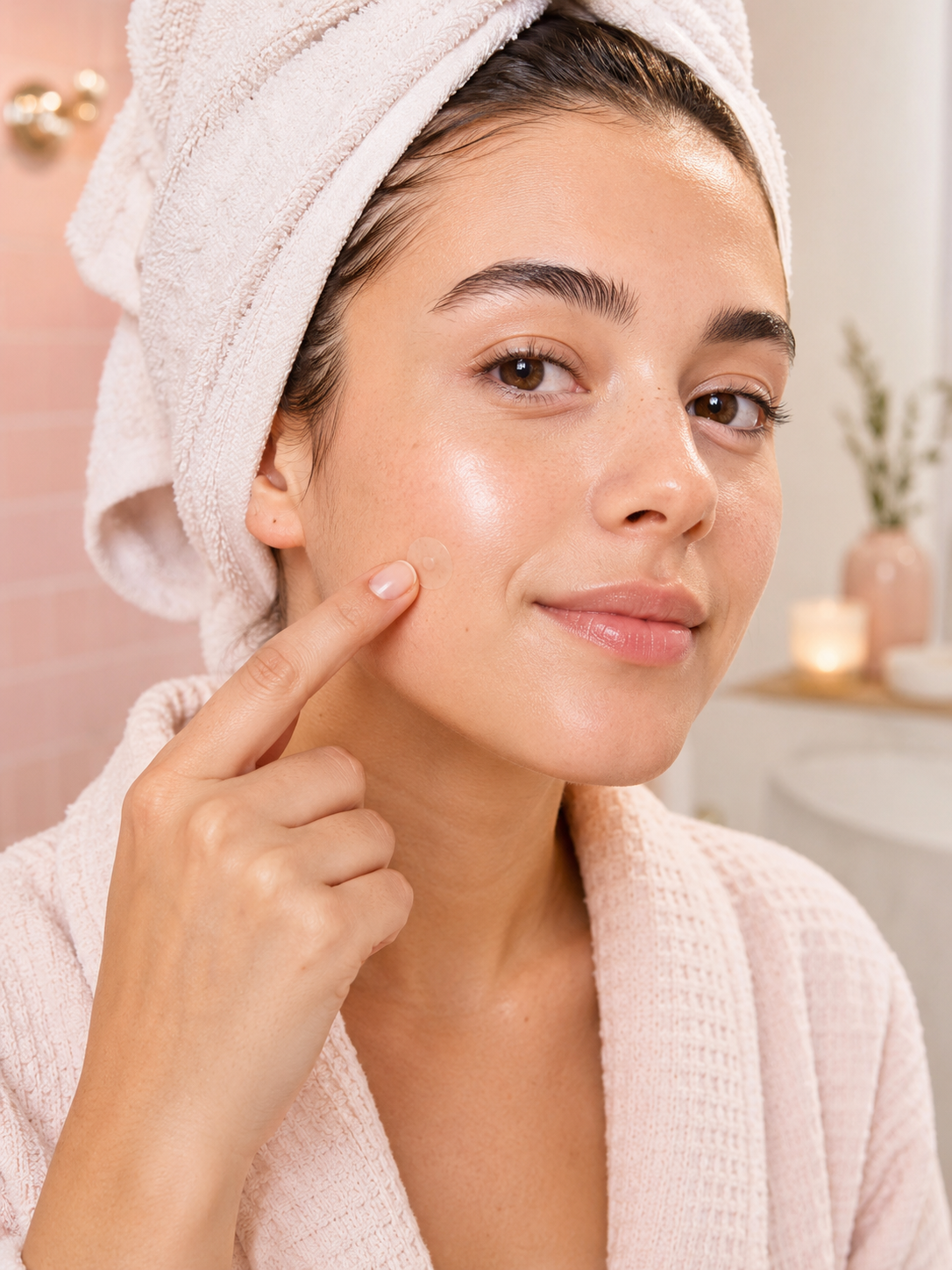 Woman with a towel on her head applying a pimple patch after skincare