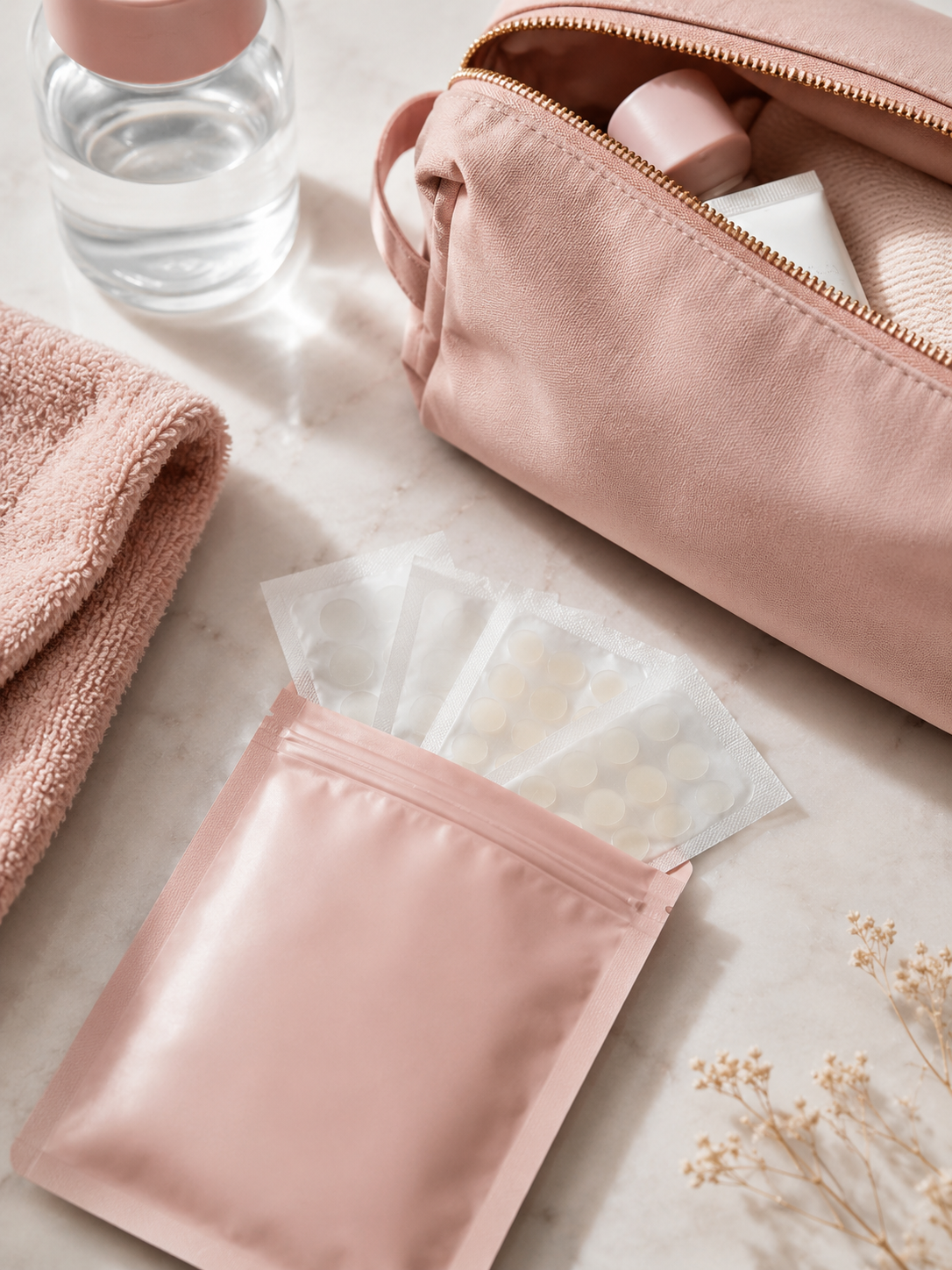 Pimple patch sachets beside a travel toiletry bag and water bottle