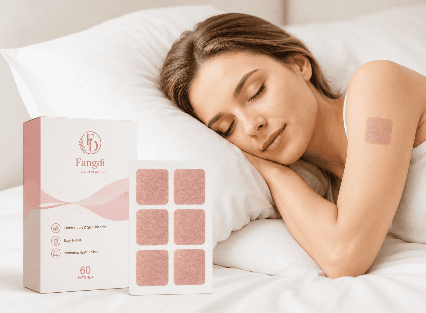 Fangdi sleep patch box and patch sheet beside woman's arm