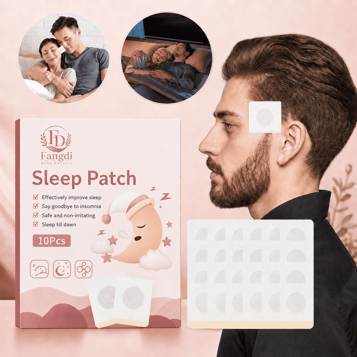 Fangdi sleep patch box with lifestyle photos and application demo
