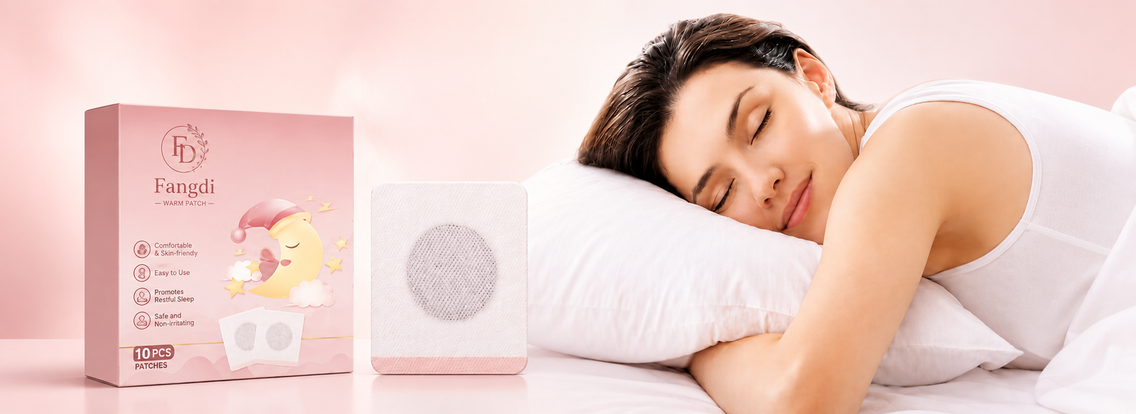 Woman sleeping with a Fangdi sleep patch beside the packaging box