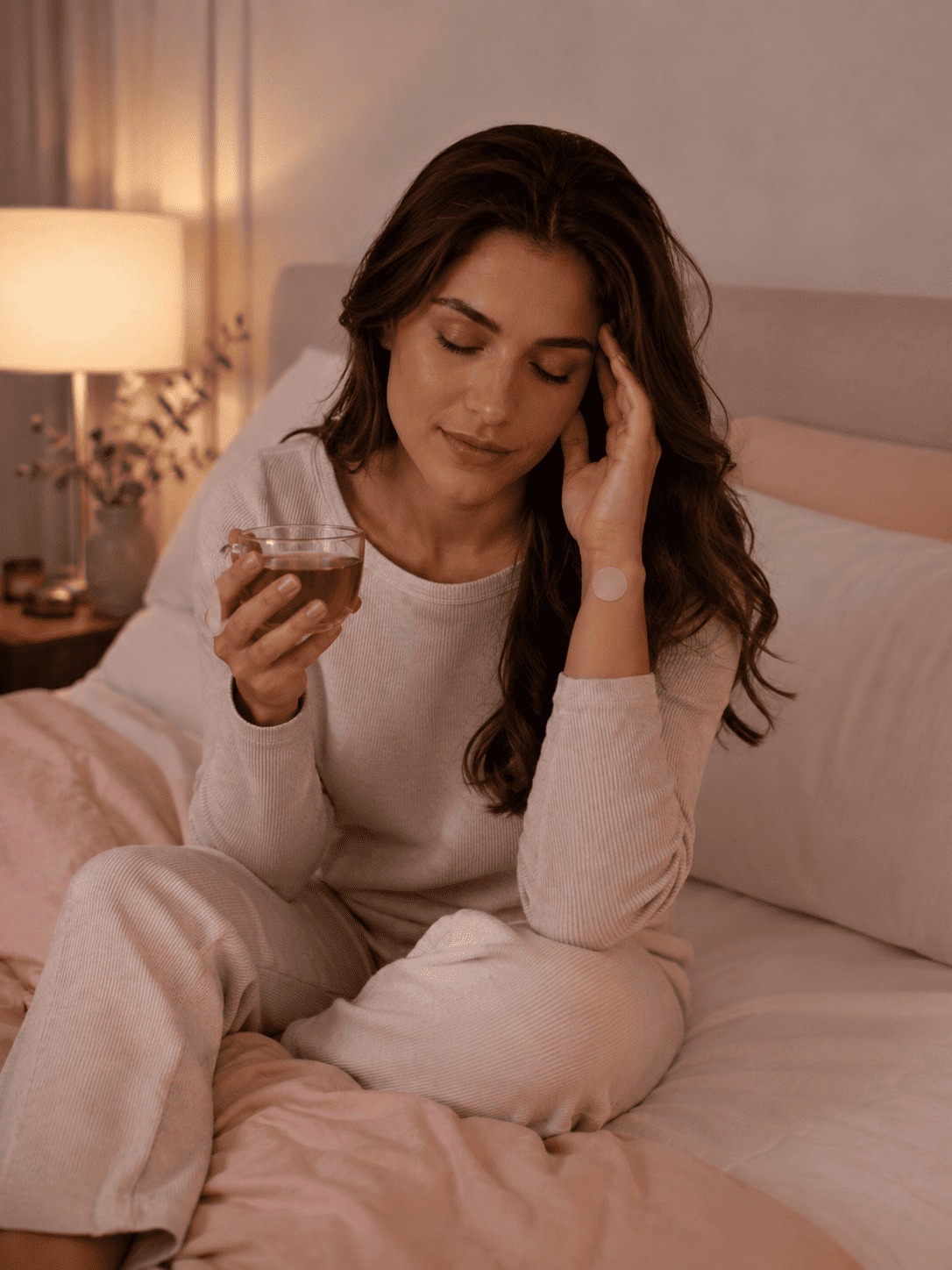 Woman holding tea and rubbing her temple wearing a sleep patch