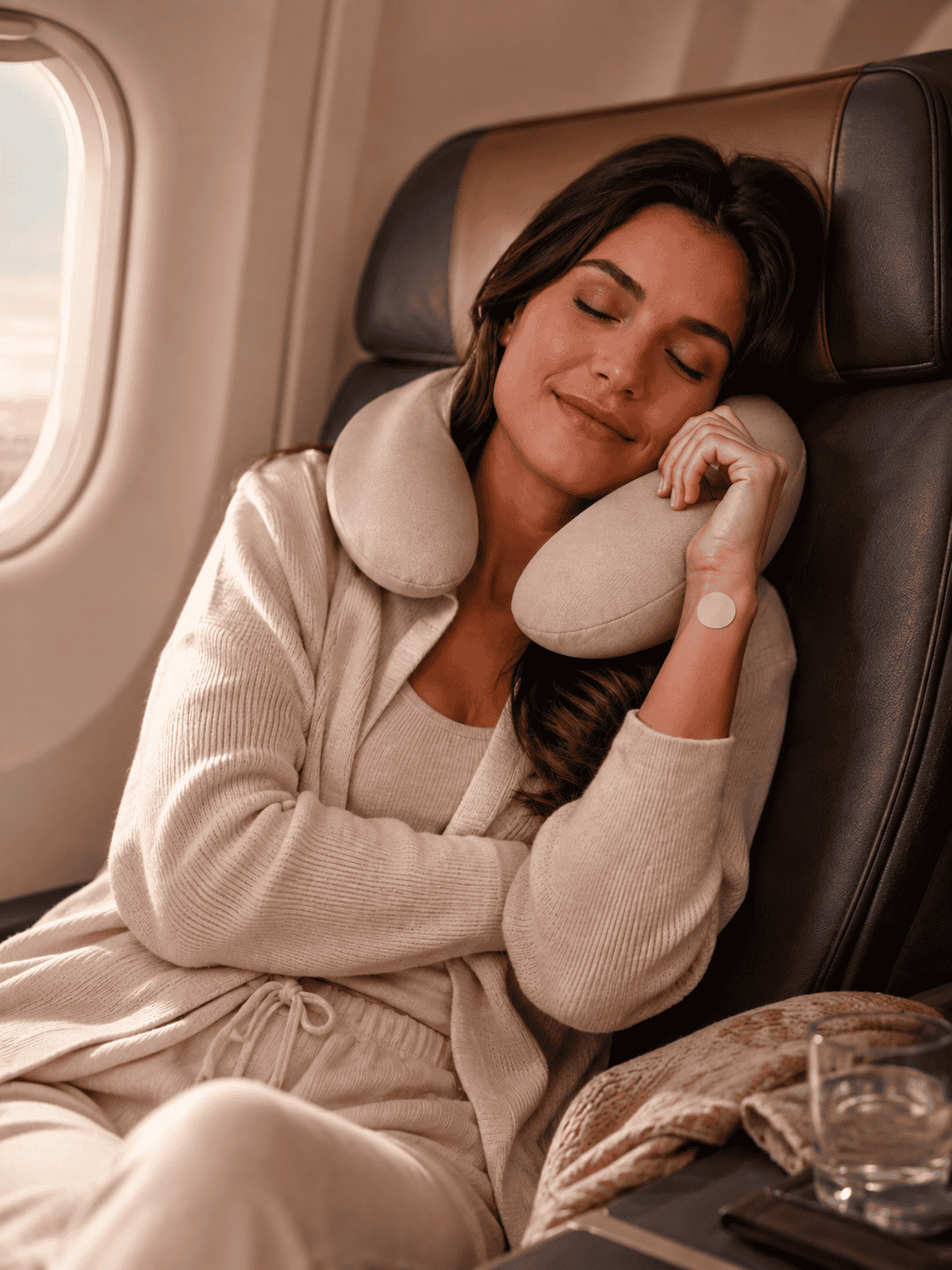 Woman sleeping on an airplane wearing a sleep patch