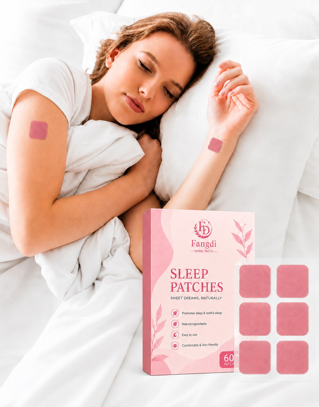 Woman sleeping with a Fangdi sleep patch on her arm and wrist beside the packaging box