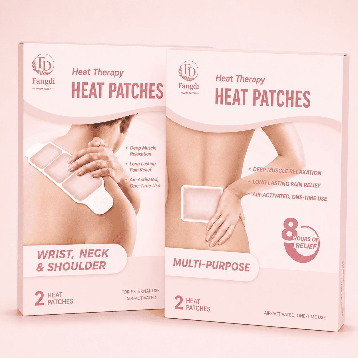 Woman applying Fangdi heat patches to neck and lower back