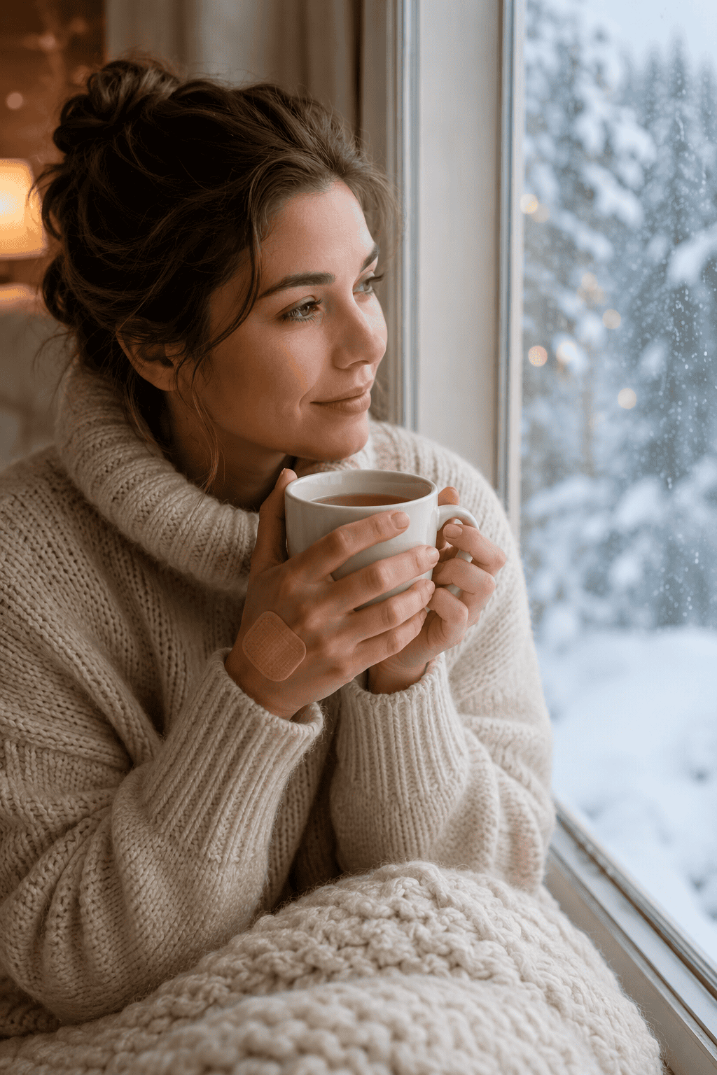 Woman holding tea by a snowy window with a warm patch on her wrist