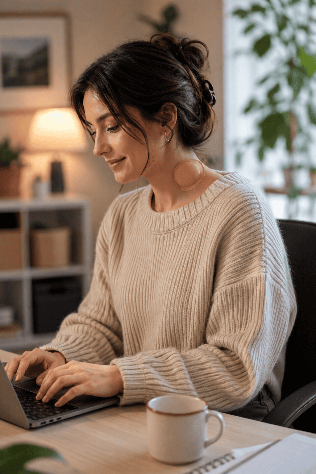 Woman working at a laptop with a warm patch on her neck