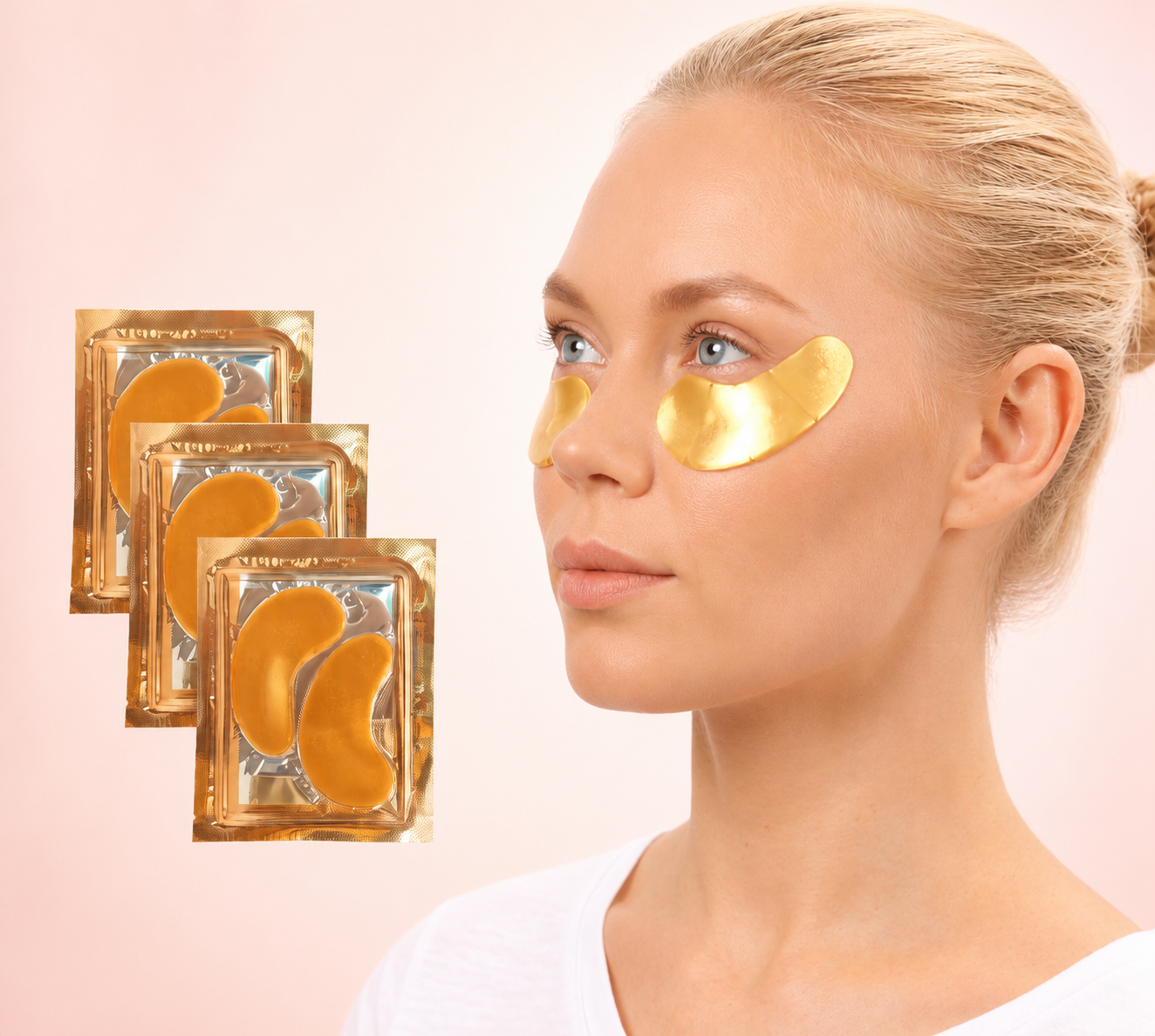 Woman wearing gold under-eye patches next to individual foil sachets