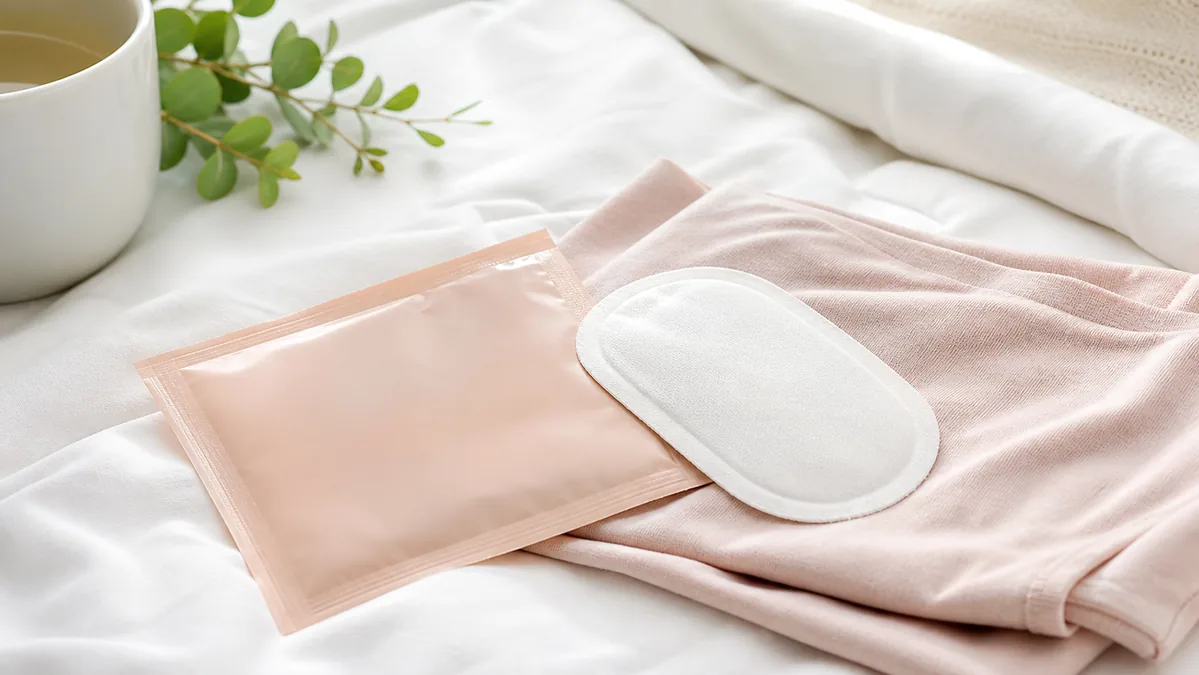 Heating patch for cramps with discreet packaging on soft fabric