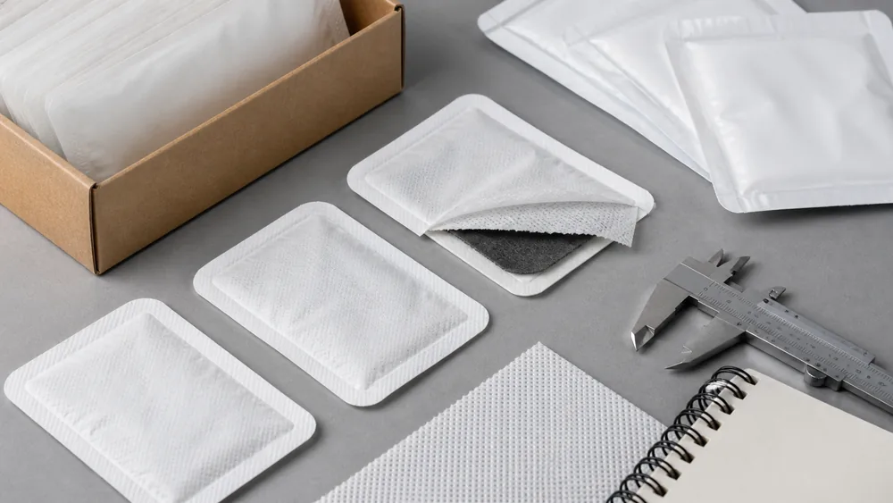 Heating patch material layers and sealed sachet packaging
