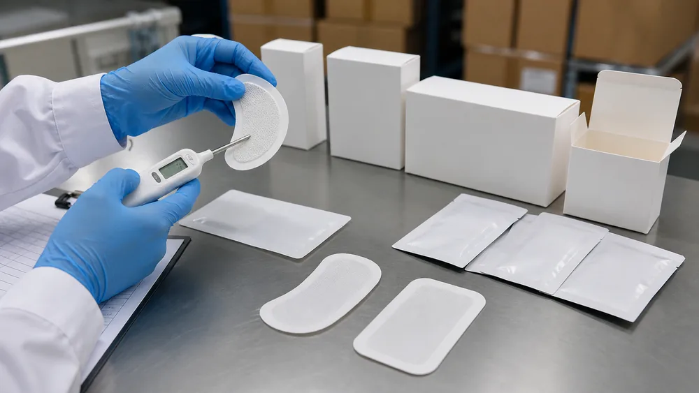 Menstrual heating patch samples and packaging inspection for B2B sourcing