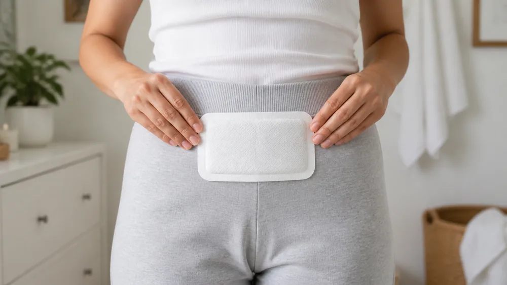 Menstrual heating patch placed over clothing on the lower abdomen